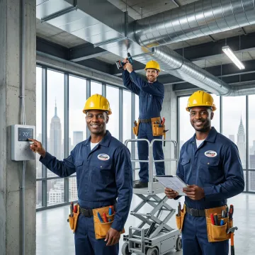 HVAC installation team working on temperature control ductwork in a Manhattan building