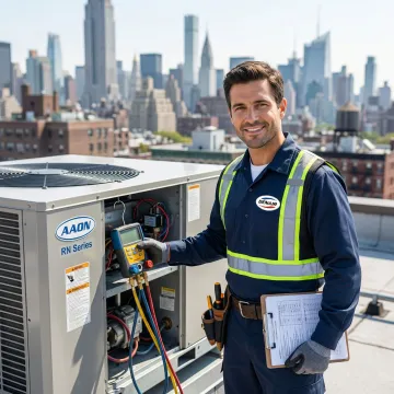 HVAC technician completing a step-by-step repair process on an AAON rooftop unit