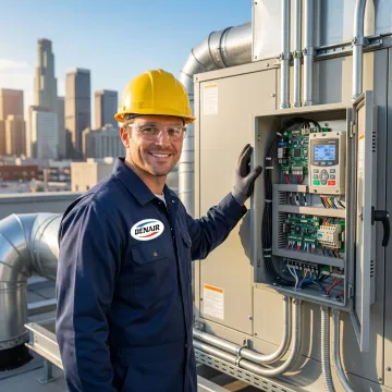 HVAC technician installing a variable frequency drive on a commercial rooftop unit in Queens, NY