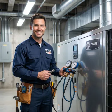 HVAC technician performing a quality check on a repaired Trane unit in a Manhattan building