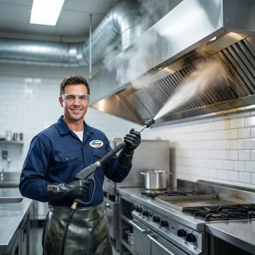Technician performing professional kitchen exhaust hood cleaning in a commercial kitchen in Long Island City.