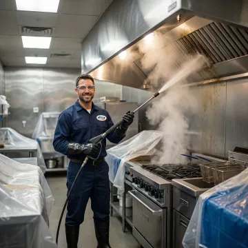 Step-by-step kitchen exhaust duct cleaning process in a commercial restaurant kitchen.