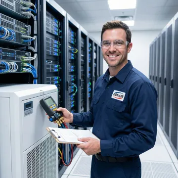 Technician servicing computer room air conditioning unit in a server room in Long Island City