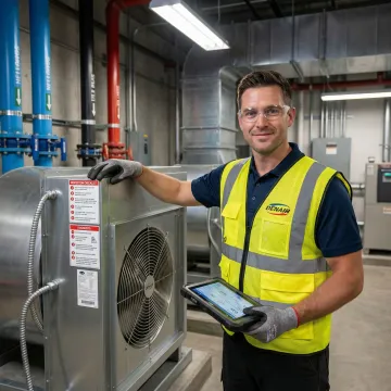 HVAC technician performing diagnostic inspection on a commercial exhaust fan system