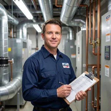HVAC technician reviewing a commercial maintenance agreement checklist inside a commercial building