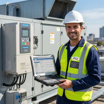 HVAC technician commissioning a Yaskawa VFD drive on a commercial rooftop air handling unit