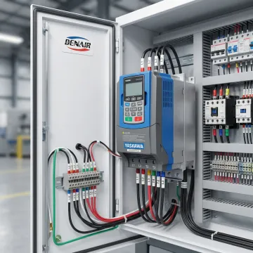 Yaskawa VFD drive unit mounted in an HVAC electrical panel for commercial building application