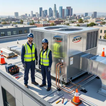 Commercial AC replacement technicians installing a rooftop HVAC unit on a Brooklyn commercial building