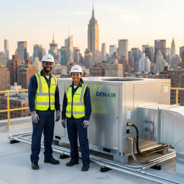 Commercial rooftop RTU installation on a Manhattan building with NYC skyline in background