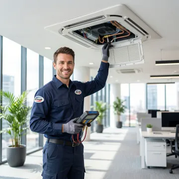 Denair HVAC technician servicing a Fujitsu VRF indoor air handler unit inside a commercial building