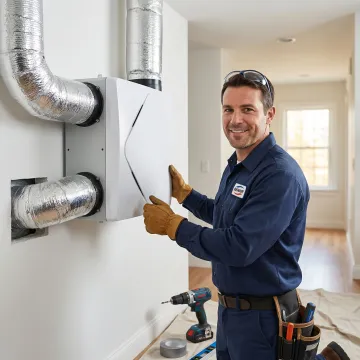 HVAC technician installing an energy recovery ventilator unit in a Brooklyn home