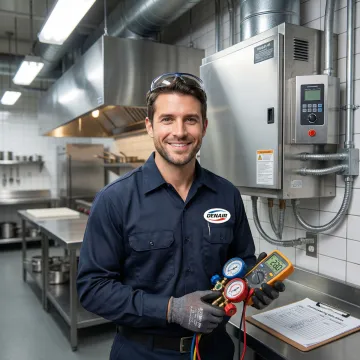 HVAC technician commissioning a makeup air system inside a commercial building
