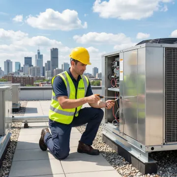HVAC technician installing a rooftop unit on a flat commercial building rooftop in Brooklyn, NY