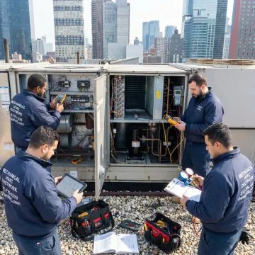 HVAC team commissioning a newly installed rooftop unit on a Brooklyn commercial building