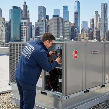 Denair HVAC technician servicing a Rheem rooftop unit on a Brooklyn commercial building