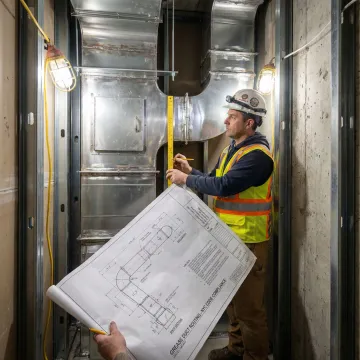 HVAC technician measuring and marking grease duct installation route in commercial kitchen