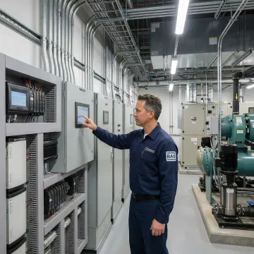 HVAC technician programming a building automation system controller