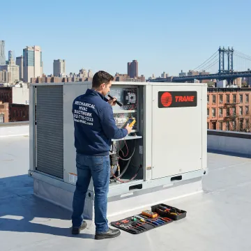 Certified HVAC technician servicing a Trane rooftop unit on a Brooklyn commercial building