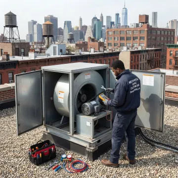 Certified HVAC technician repairing a commercial exhaust fan on a Brooklyn rooftop
