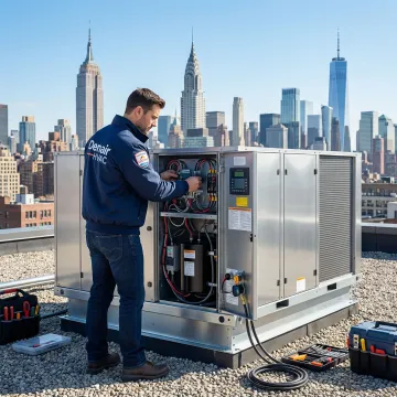 Commercial HVAC technician performing maintenance on rooftop unit in Manhattan