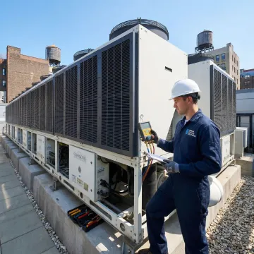 HVAC technician servicing a packaged rooftop unit on a Queens NY commercial building