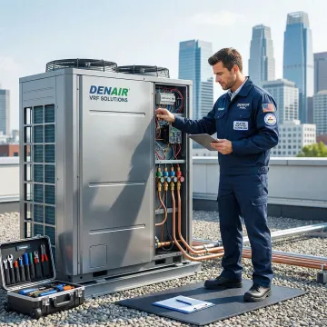 HVAC technician servicing a VRF outdoor unit on a Brooklyn rooftop