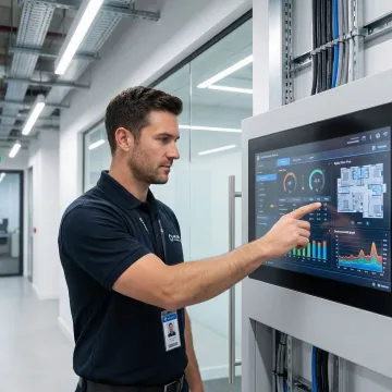 Commercial HVAC controls technician programming a BMS panel in a Long Island City office building