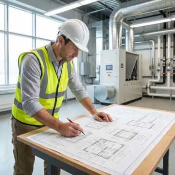HVAC engineer reviewing temperature controls installation plans and shop drawings on a job site