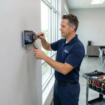 HVAC technician installing a digital temperature control panel in a Long Island City commercial building