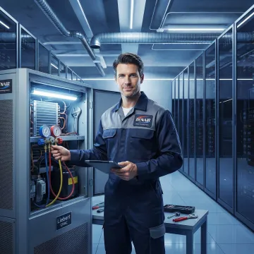 Certified technician servicing a Liebert CRAC unit in a Brooklyn data center