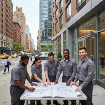 HVAC project manager reviewing plans with technicians at a multi-family residential building site