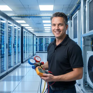 HVAC technician conducting diagnostic testing on data center cooling equipment