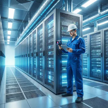 Technician servicing server room cooling unit in a Queens data center
