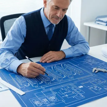 HVAC engineer reviewing server room cooling system blueprints and plans