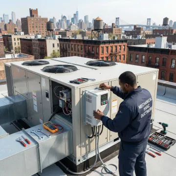HVAC technician installing a Variable Frequency Drive (VFD) on a commercial HVAC system in Brooklyn