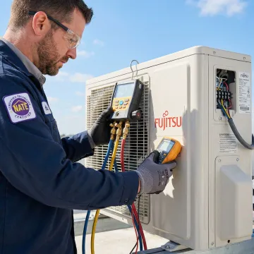 Certified technician repairing Fujitsu mini split outdoor condenser unit