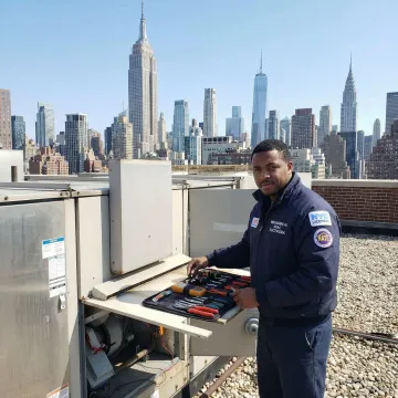 HVAC contractor performing maintenance in a Manhattan high-rise building