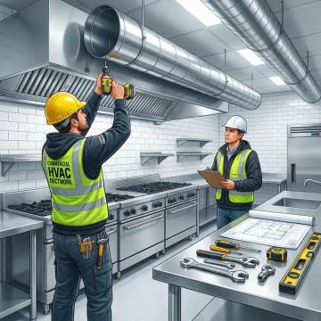 HVAC technicians installing kitchen exhaust ductwork in a NYC commercial kitchen