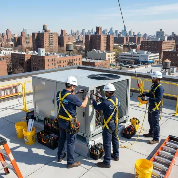 Licensed HVAC contractor team working on a commercial rooftop unit in Queens, NY