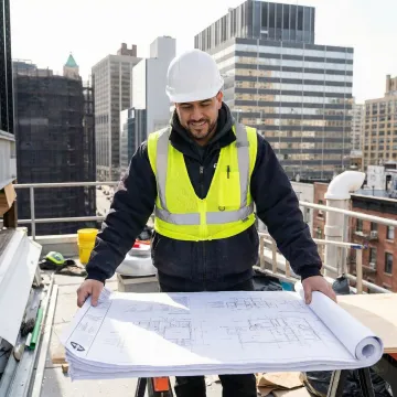 HVAC project manager reviewing installation plans on a Queens commercial building site