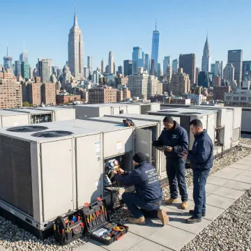 Certified HVAC technicians servicing a multifamily building rooftop unit in Manhattan, NYC