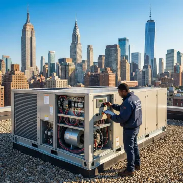 Commercial HVAC technician performing maintenance on rooftop unit in Queens, NY