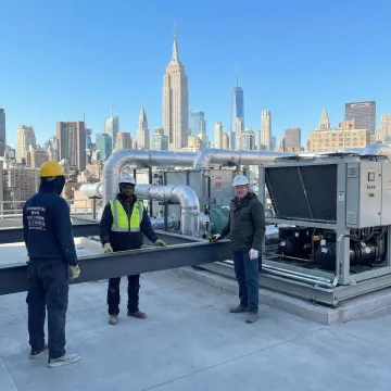 Mission critical HVAC contractors working on a commercial rooftop unit in Manhattan, NY