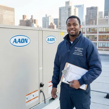 HVAC technician completing a quality control checklist after servicing an AAON rooftop unit on a commercial facility