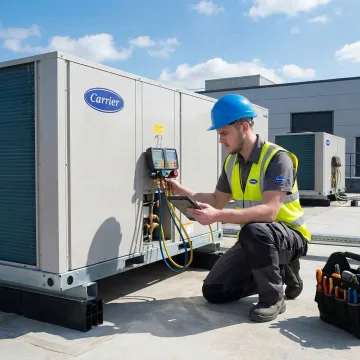HVAC technician running diagnostic tests on a Carrier rooftop unit after repair