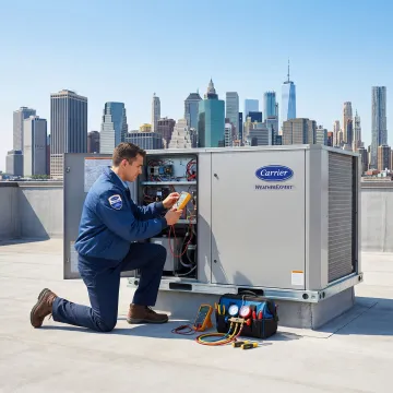 Certified HVAC technician repairing a Carrier rooftop unit on a Manhattan commercial building