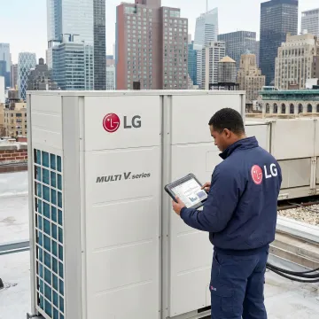 HVAC technician testing LG VRF multi-zone system after repair on a rooftop in Manhattan