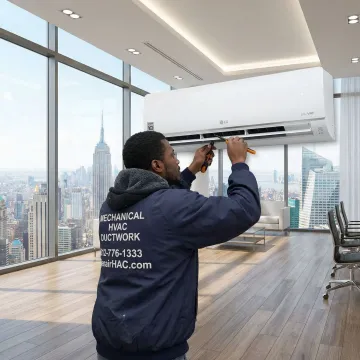 LG VRF system repair technician working on indoor unit in Manhattan commercial building