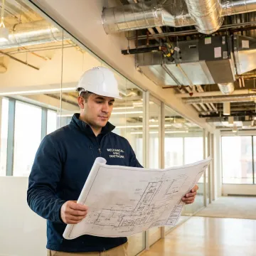Denair HVAC certified technician reviewing commercial HVAC blueprints inside a Queens office building