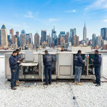 Commercial HVAC technicians servicing rooftop units on a Queens, NY commercial building